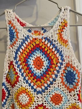 Crochet Circle Tank Top in White with Multicolor Accents